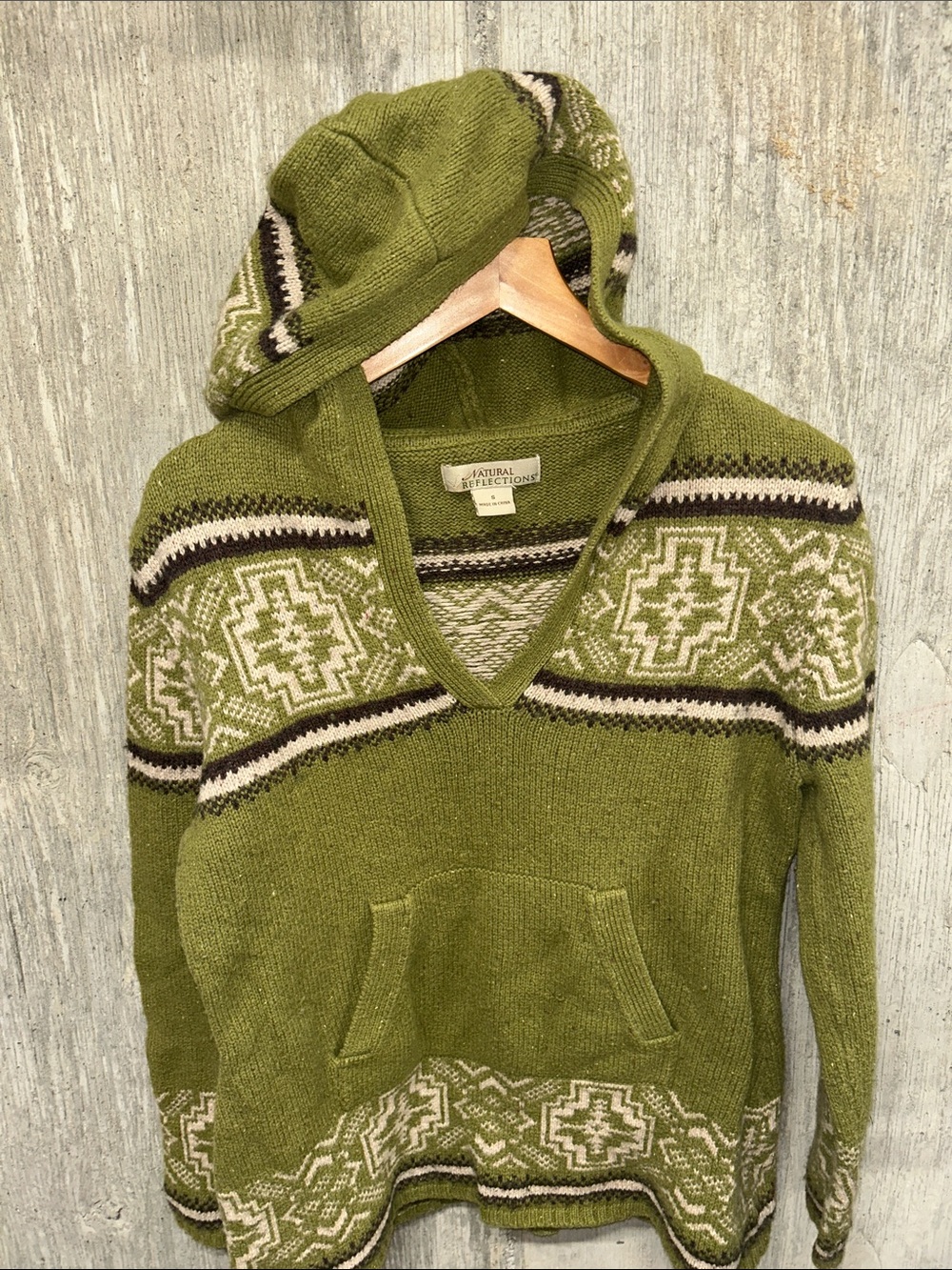 Natural Reflections Olive Green V‑Neck Hooded Sweater with Fair Isle Accents